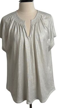 Chico's Women's Cap Sleeve Shimmery Metallic Silver Relaxed Silhouette Blouse
